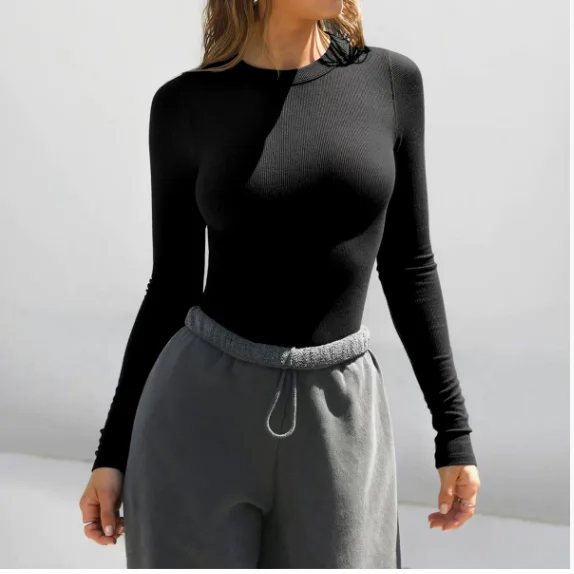 Elegant Autumn Women's T-Shirt Slim Fit Slimming O-neck Turned Up Tight Versatile Base Top Solid Color Long Sleeve T-Shirt tops - Image 3