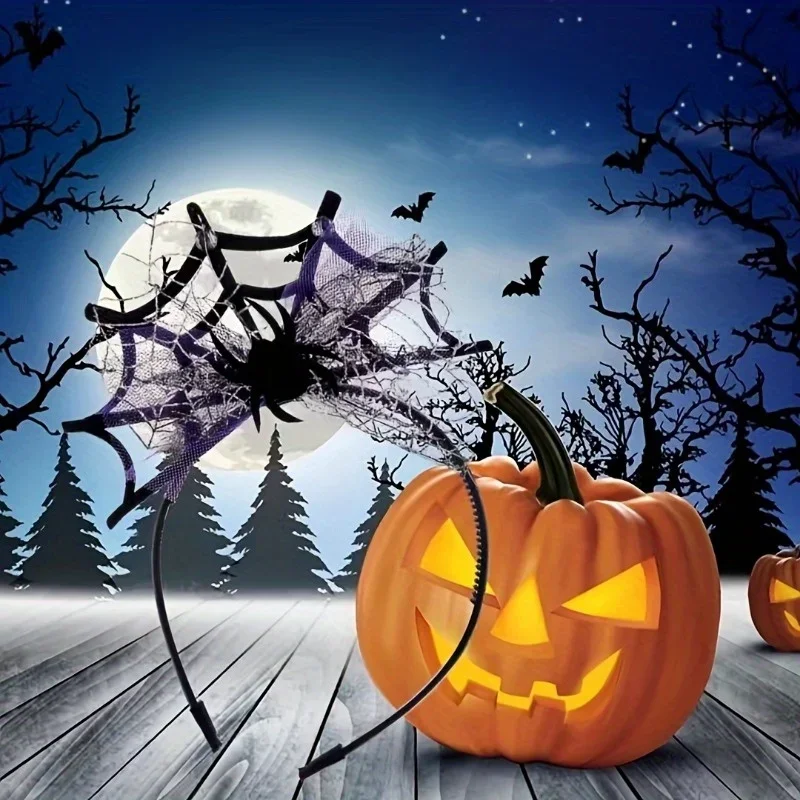 Elegantes und süßes Halloween-Spinnen-Totenkopf-Stirnband – Stoff, federlose Damen-Modeaccessoires – Detail 1