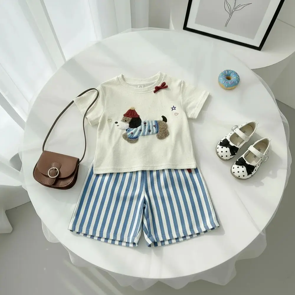 

Summer New Korean Version Bow Towel Embroidered Dog Print Short Sleeved Tops+Striped Pants 2 Pcs Set Casual Loose Girl Clothes