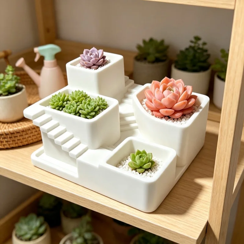 Multi-Scene Layered Succulent Flower Pot, 4-Compartment Mini Flower Pot, Suitable for Desktop/Window Sill/Balcony/Kitchen, Independent Compartment Plant Planting Container, White Succulent Pot for Home and Office Decoration