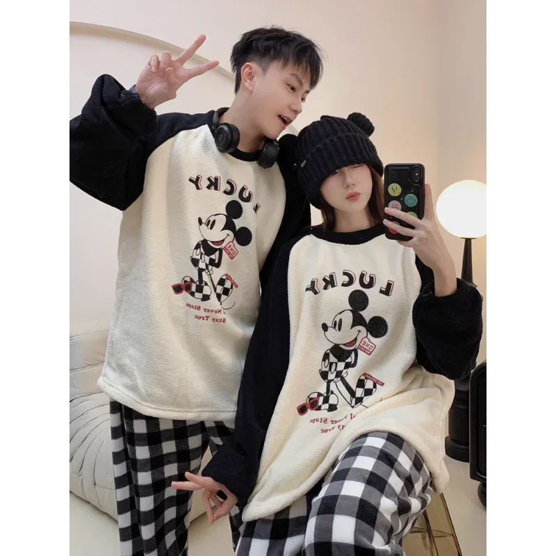 Cartoon Disney couple pajamas winter men\'s loungewear round neck long-sleeved trousers two-piece set new Mickey women\'s pajamas