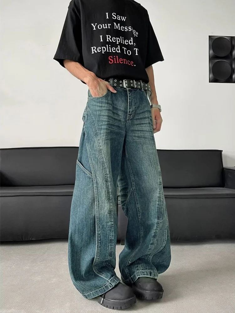 2025 Trashy Y2K Mode gewaschen blau gespleißt Baggy neue Jeans Hosen für Männer 90er Jahre Vintage Kleidung weites Bein gerade Denim Hose – Detail 4
