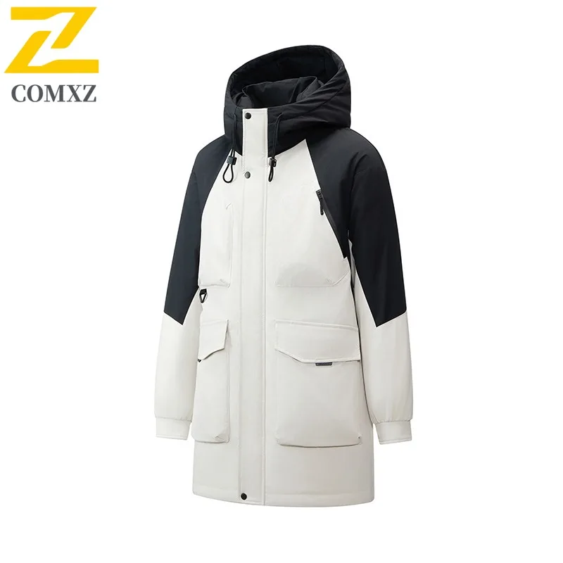 

COMXZ 2025 Men Long Down Jacket Outdoor Hiking Travel Cold Resistant Filler Down Minimalist Daily Style Lightweight Winter Coat