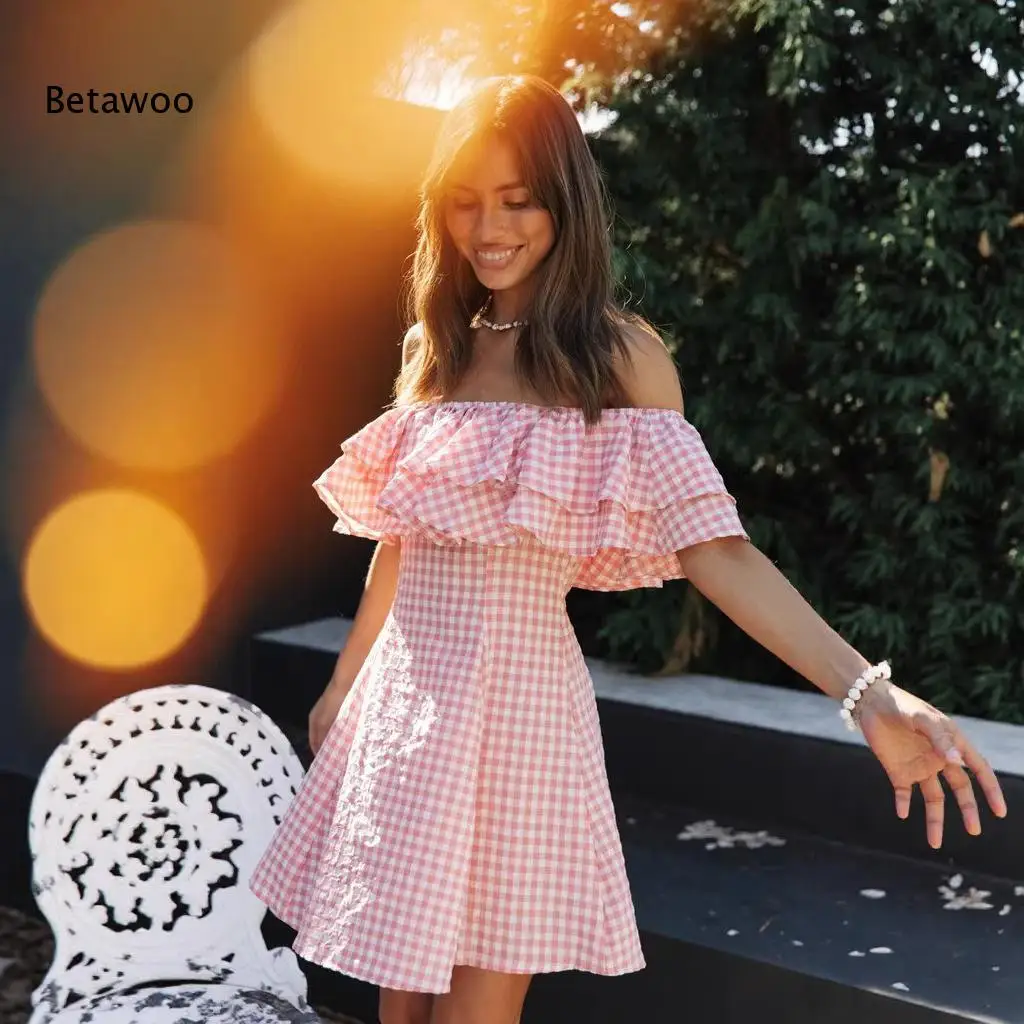 Women Off Shoulder Mini Dress Double Layer Ruffle Flounce Neckline A Line Short Dress for Vacation Casual Dating
