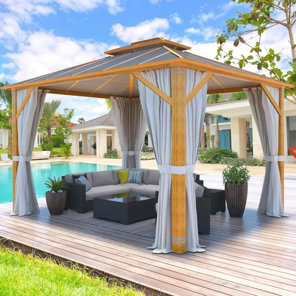 10x12FT Patio Gazebo, Wooden Coated Aluminum Patios Gazebos with Aluminum Composite Double Roof, Curtains and Netting Included