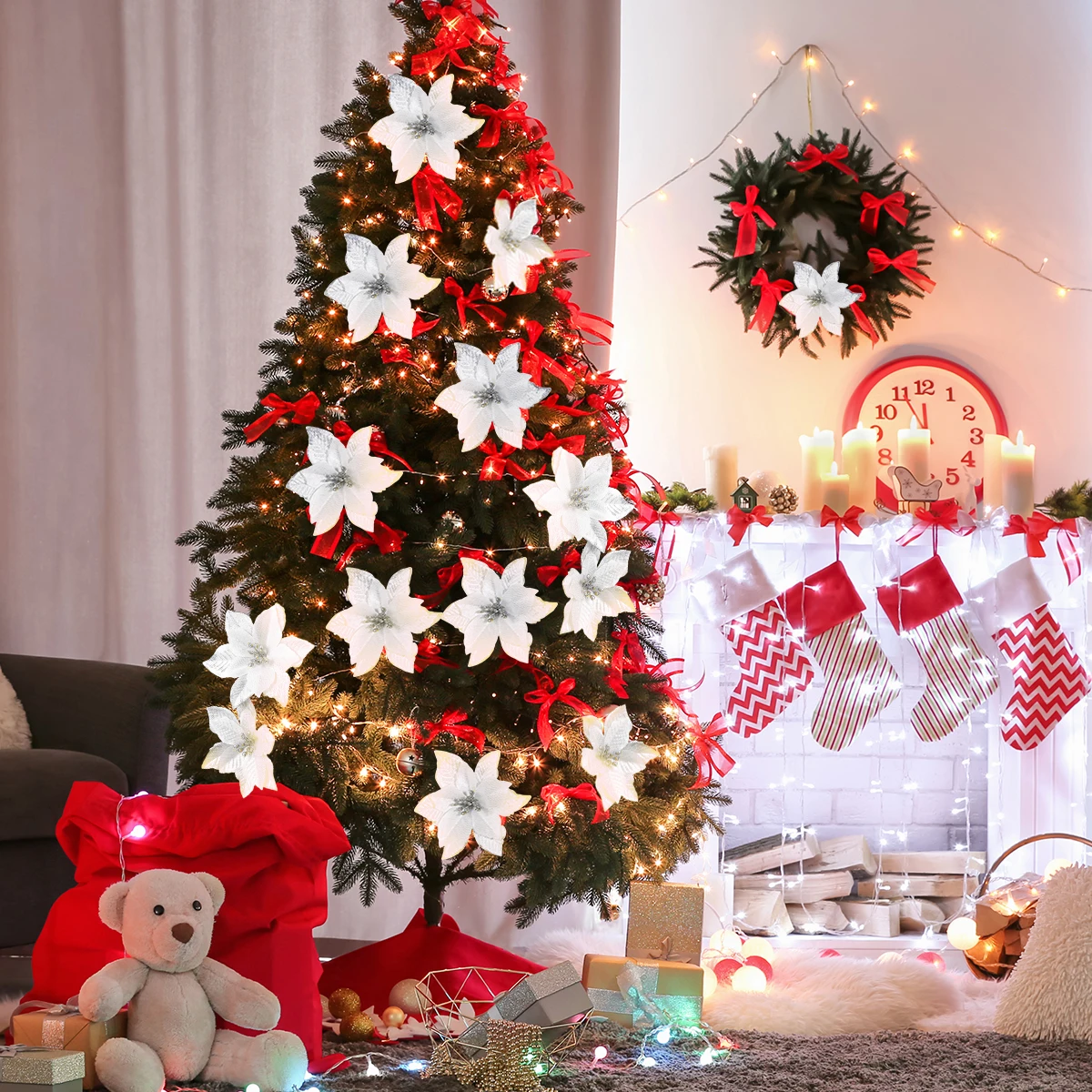 

24pcs Christmas Flower Decorations Glitter Artificial Flowers For Christmas Tree Silver Holiday Party Diy Ornaments