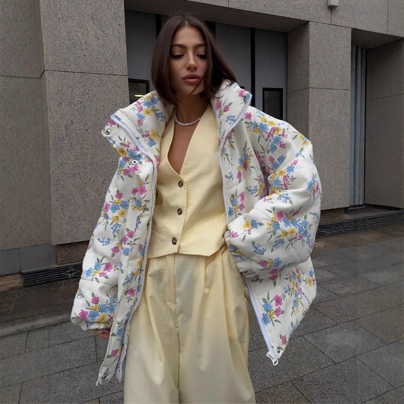 

FRAYA LAB New Women's Puffer Jacket Oversized Stand Up Collar Zipper Closure Floral Print Warm Cotton Filled Coat Autumn Winter