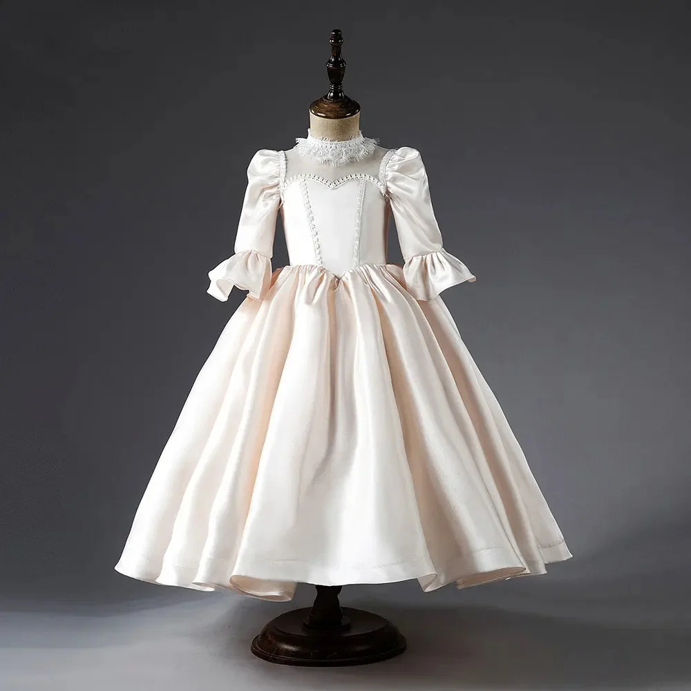Ivory Satin High Neck Flower Girl Dress For Wedding Lace Long Sleeve Floor Lenght First Eucharistic Birthday Party Gown Custom