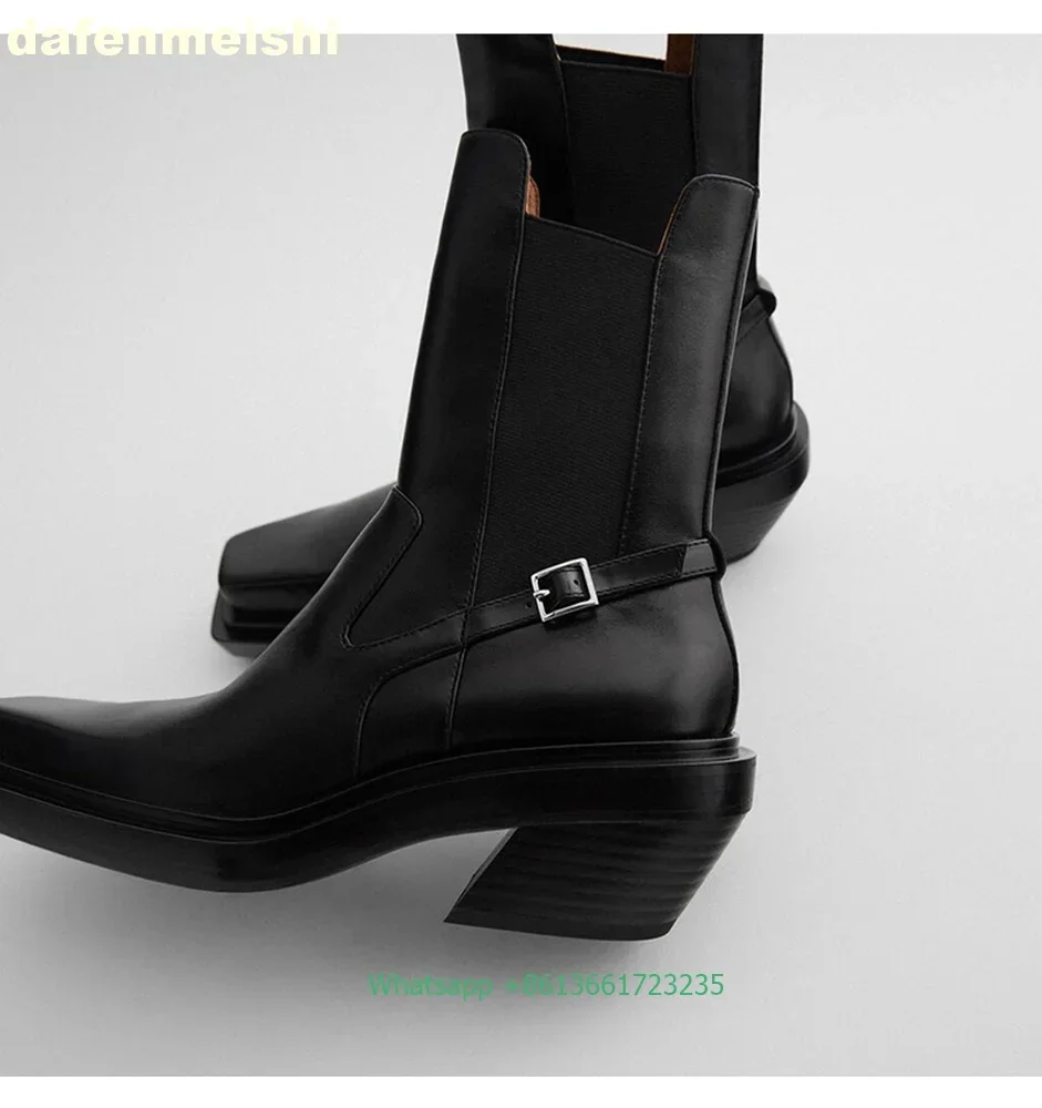 2025 New Square Head Cowboy Style High Heeled Short Boots Black/white Leather Chelsea Boots Genuine Leather Motorcycle Boots