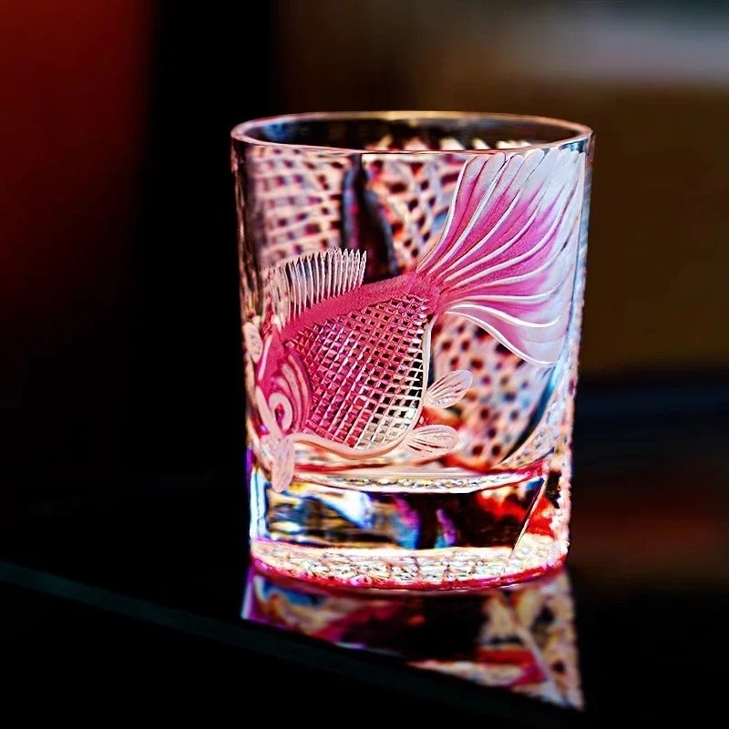 PINK Crystal Goldfish Edo Kiriko Wine Glass Exquisite Carving Wineglass Whiskey Cup Brandy Snifter Liquor Whisky Rock Dropship