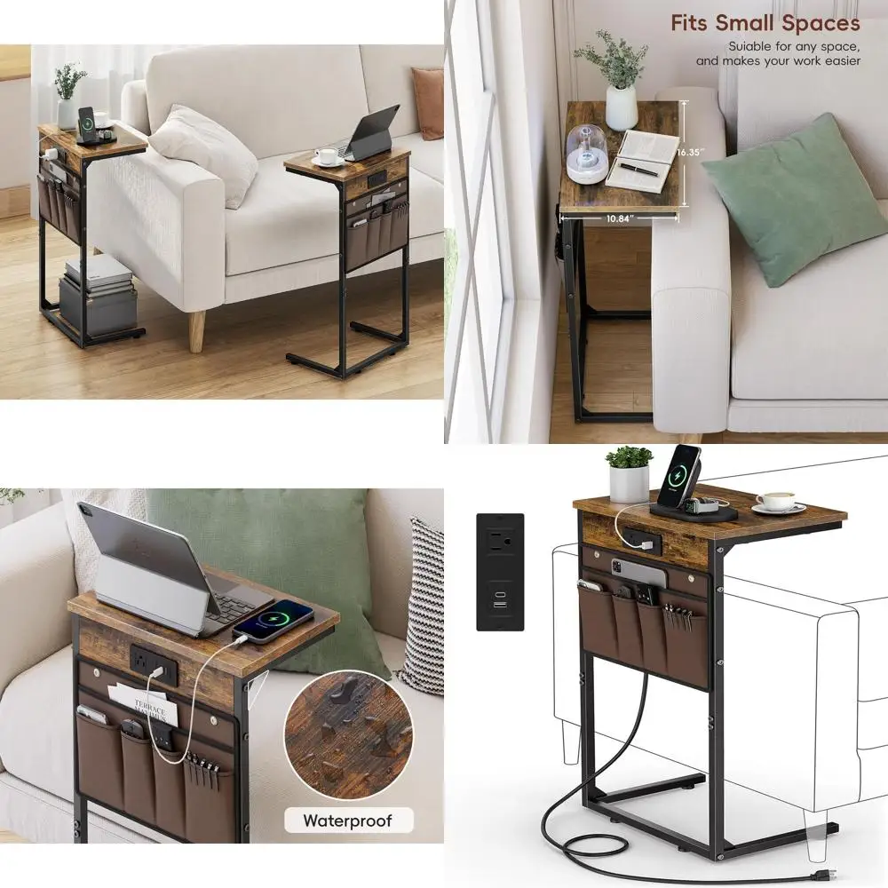 

28-inch High C-Shaped Side Table with Charging Port, Compact Sofa Side Table for Living Room and Bedroom, TV Tray Arm Coffee Tab