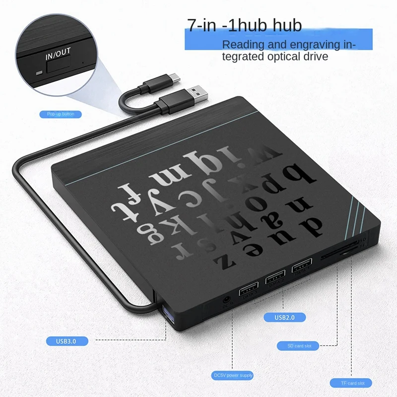 Black CD Driver Player Burner Rewriter With SD Card Reader And USB Ports For Desktop Laptop