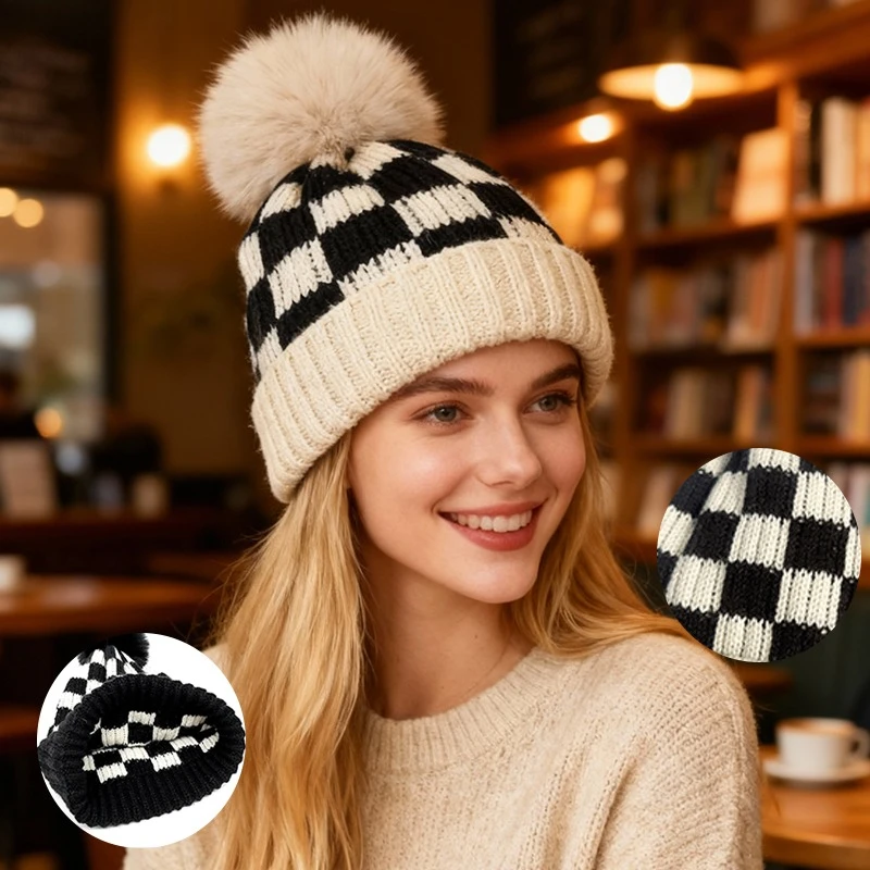 1 Stück Gitter-Winter-warme Beanie-Mützen für Damen, mit Fleece gefütterte Beanie-Strickmütze, klobige Damen-Schneemütze für den täglichen Pendelverkehr und Freizeitkleidung