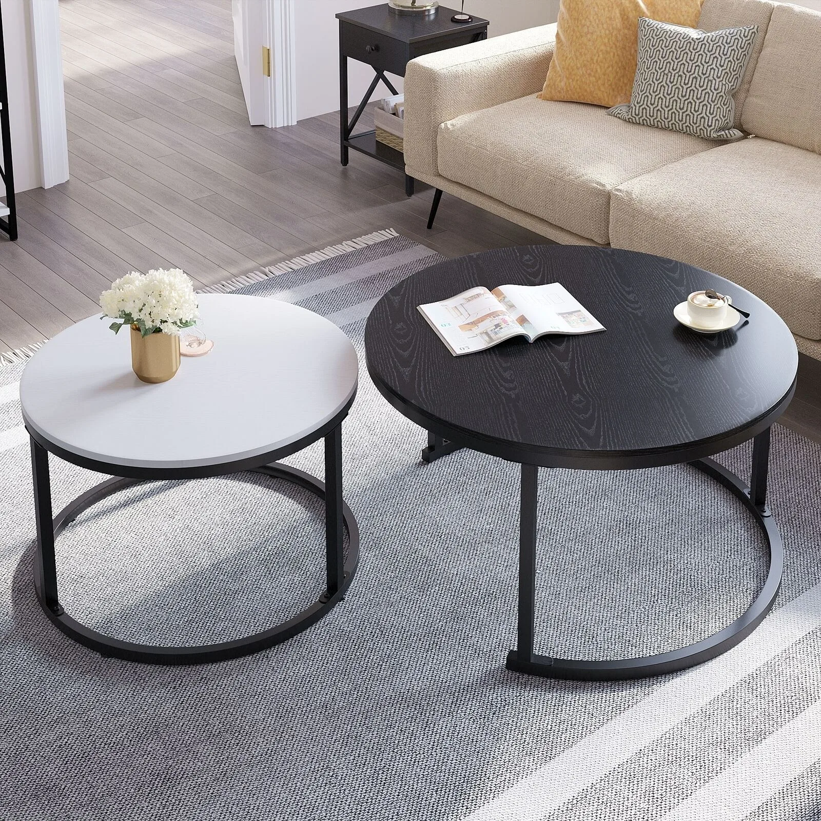 

US Set of 2 Round Nesting Coffee Tables Modern Side End Table for Home Living Room