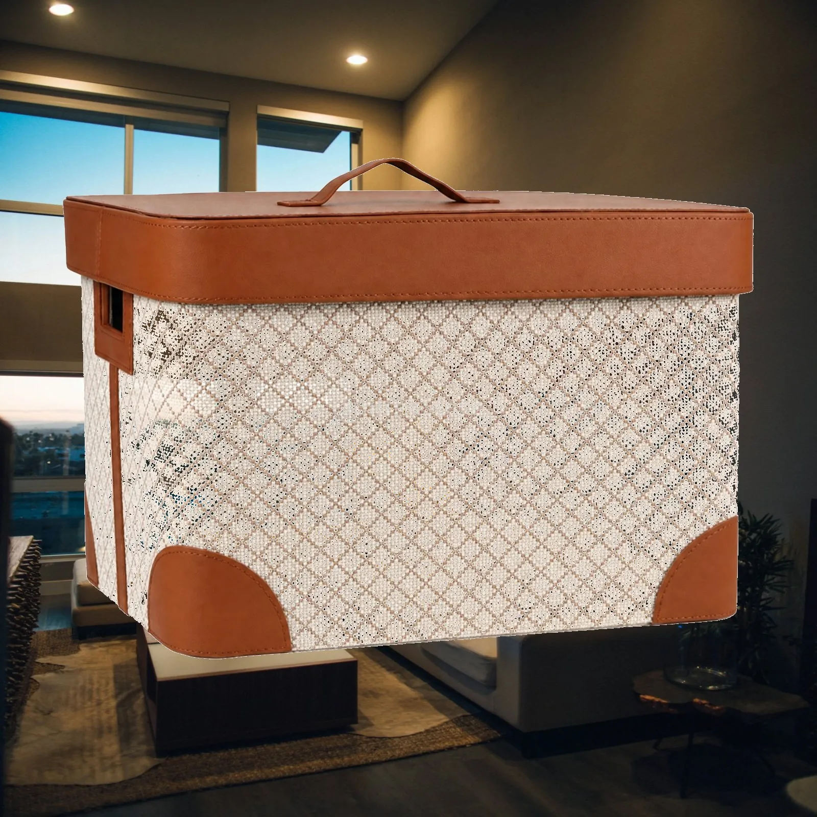 Fabric Leather Storage Basket with Lid for Clothing Toy Organizer Portable Handle Space Saving Bin
