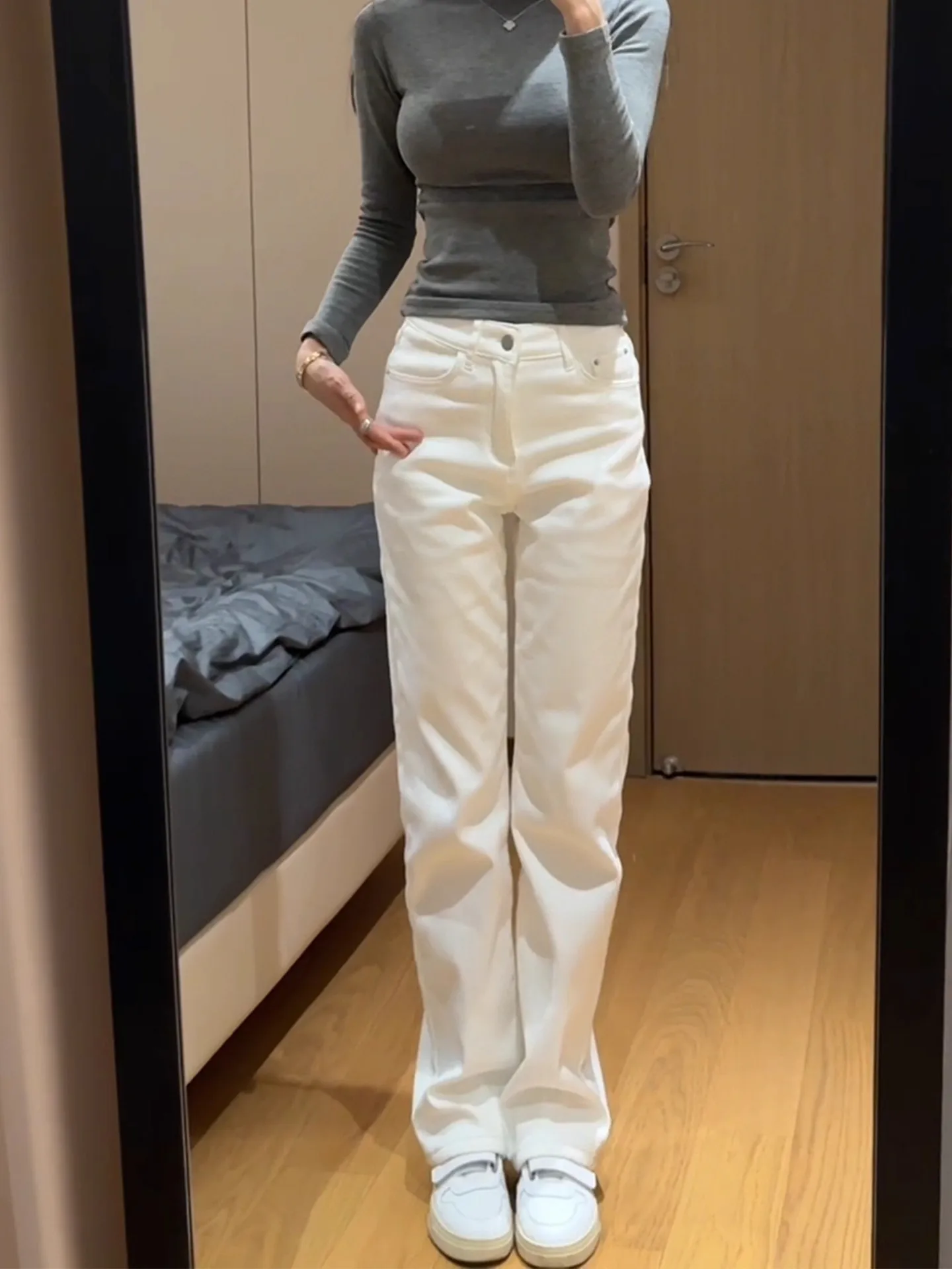 

Extended Length Straight Leg Jeans Women's High Waist Slim Fit Stretchy Narrow Version Wide Leg Smoke Tube Pants Casual Cotton