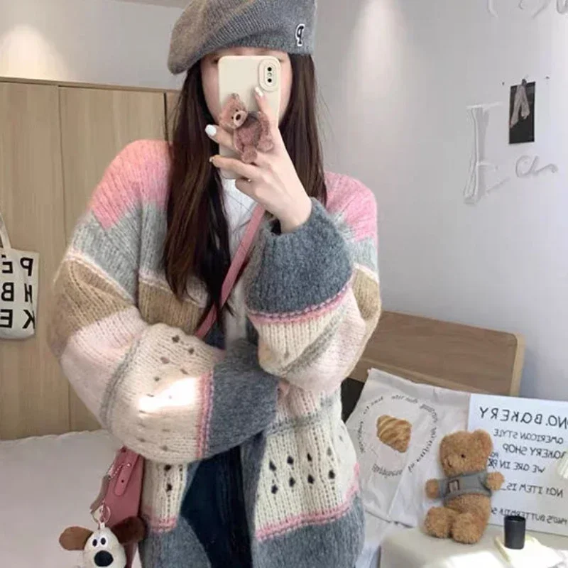 Knit Tops for Woman Cardigan Women\'s Sweater Striped Kawaii Cute Mesh Winter 2024 Aesthetic Korean Style Harajuku Fashion Modern