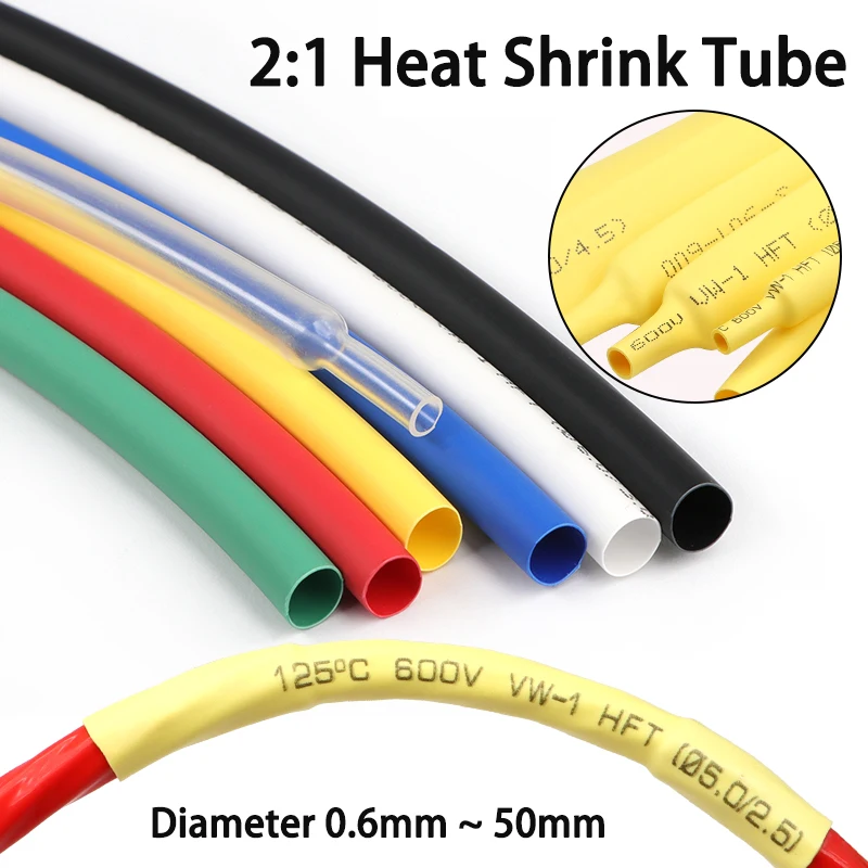 5 m, 2:1 Schrumpfschlauch, Durchmesser 0,6 mm ~ 50 mm, wasserdicht, zum Selbermachen, zum Ummanteln von Drähten und Kabeln, Reparatur ohne Kleber, Polyolefin-Schlauch