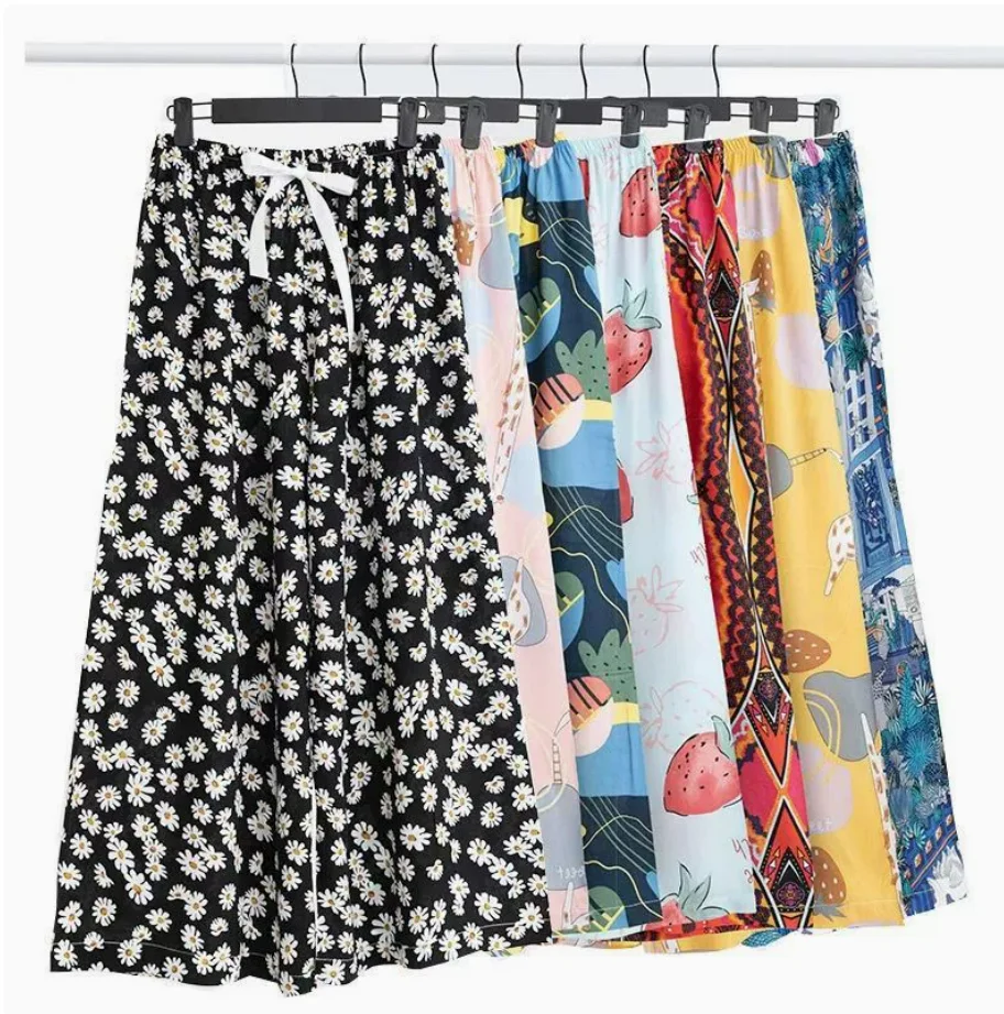 

High Waist Women's Floral Printed Cropped Trousers Comfortable Stretchy Baggy Wide Leg Ankle Pants Casual Lounge Pajama