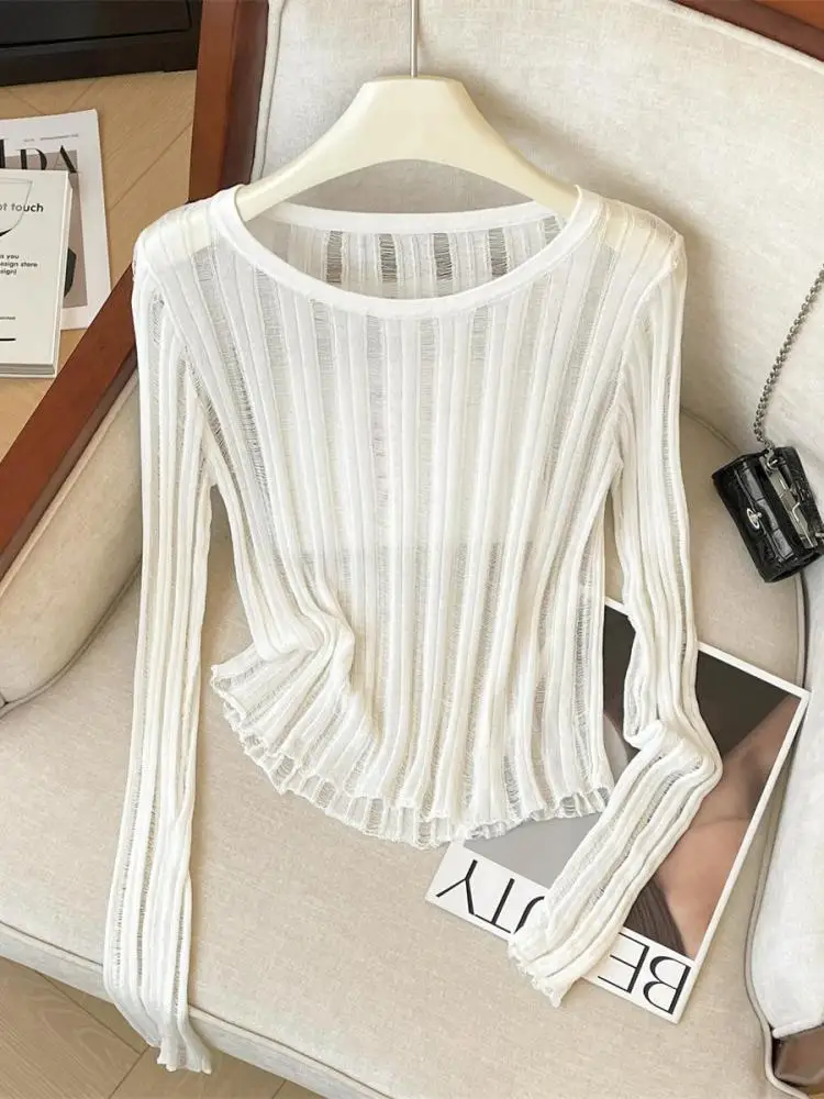 

Orange Blue Beige Round Neck Knitted Slim Long Sleeved Hole Sunscreen Clothing Women's Spring Summer New Hollow Out Short Tops