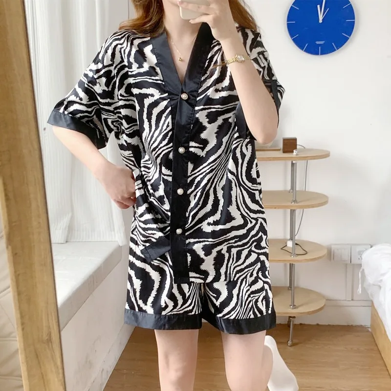 

Spring Autumn Women Pajama Sets Faux Silk Satin Pijama Long Sleeve Luxury Lapel Sleepwear Zebra Stripes Pyjamas Female Home Suit