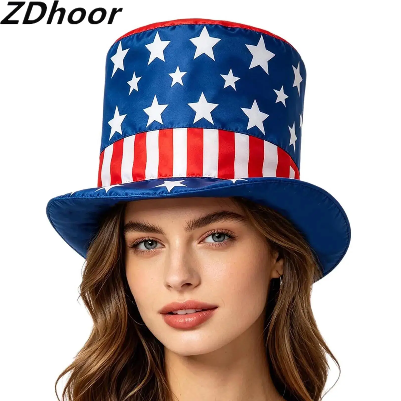 

Halloween Patriotic Hat 4th of July Top Hat Short Brim Cap with Stars Strips Pattren Costume Accessories for Independence Day