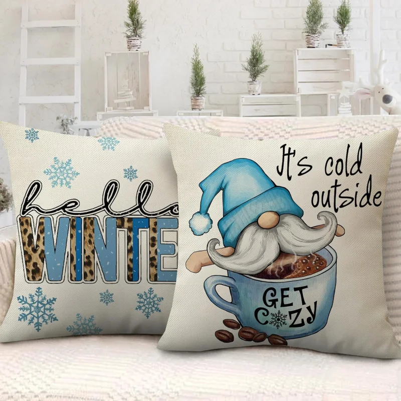 Winter Blue Dwarf Decorative Pillowcase 18 x 18 Set, 4 Outer Cold Snowflake Coffee Panther Hugging Pillowcases