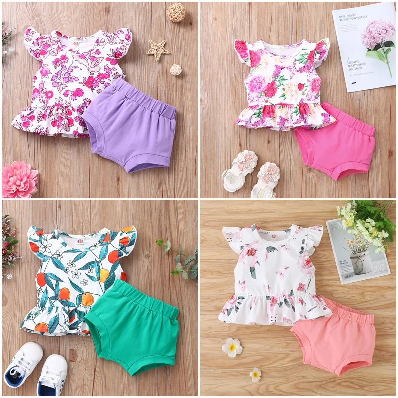 Summer 2pcs Sets Baby Girl Clothes Set Flower Print Ruffles Flying Sleeve Tops+pink Briefs Breathable Baby Girl Outfit  0-18M