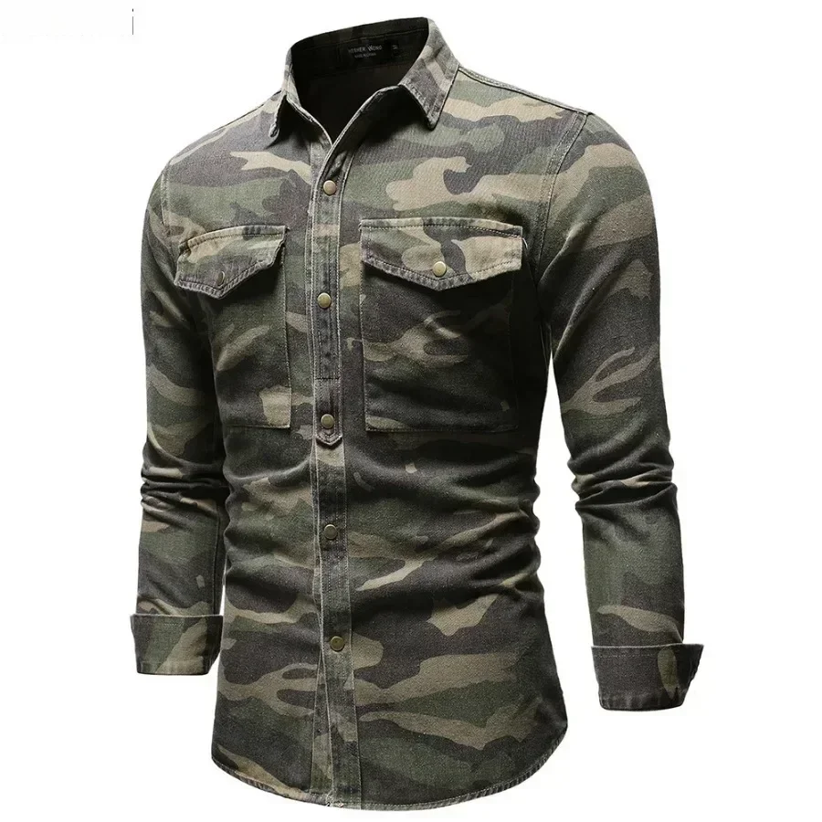 New  Men's Denim Shirts Fashion Soft Lapel Camouflage Shirt Jacket Man Casual Slim Outdoor Climbing Cowboy Tops Shirt Male