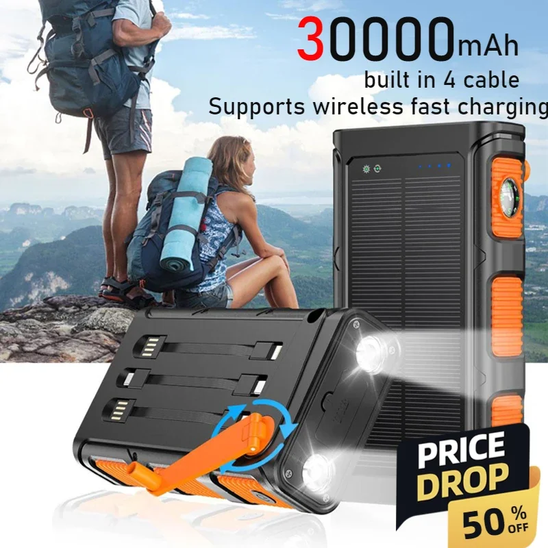 30000mAh Solar Power Bank PD 20W Fast Charging  Bulit in 4 Cable and Camping Light Supports Multiple Mobile Phones