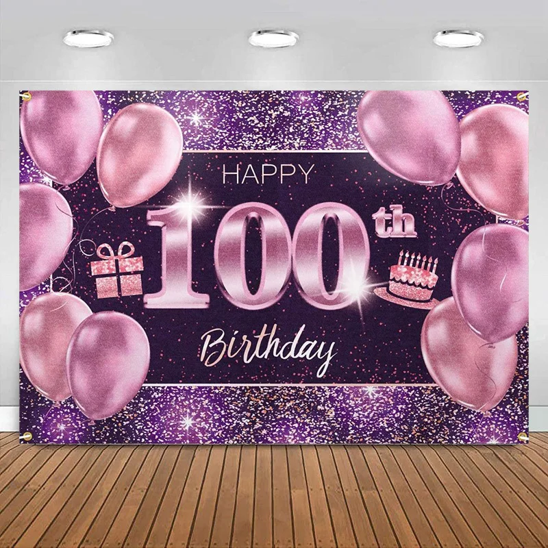 

Happy 100th Birthday Banner Backdrop Party Decorations Supplies for Women men Pink Purple balloon Gold Photography Background