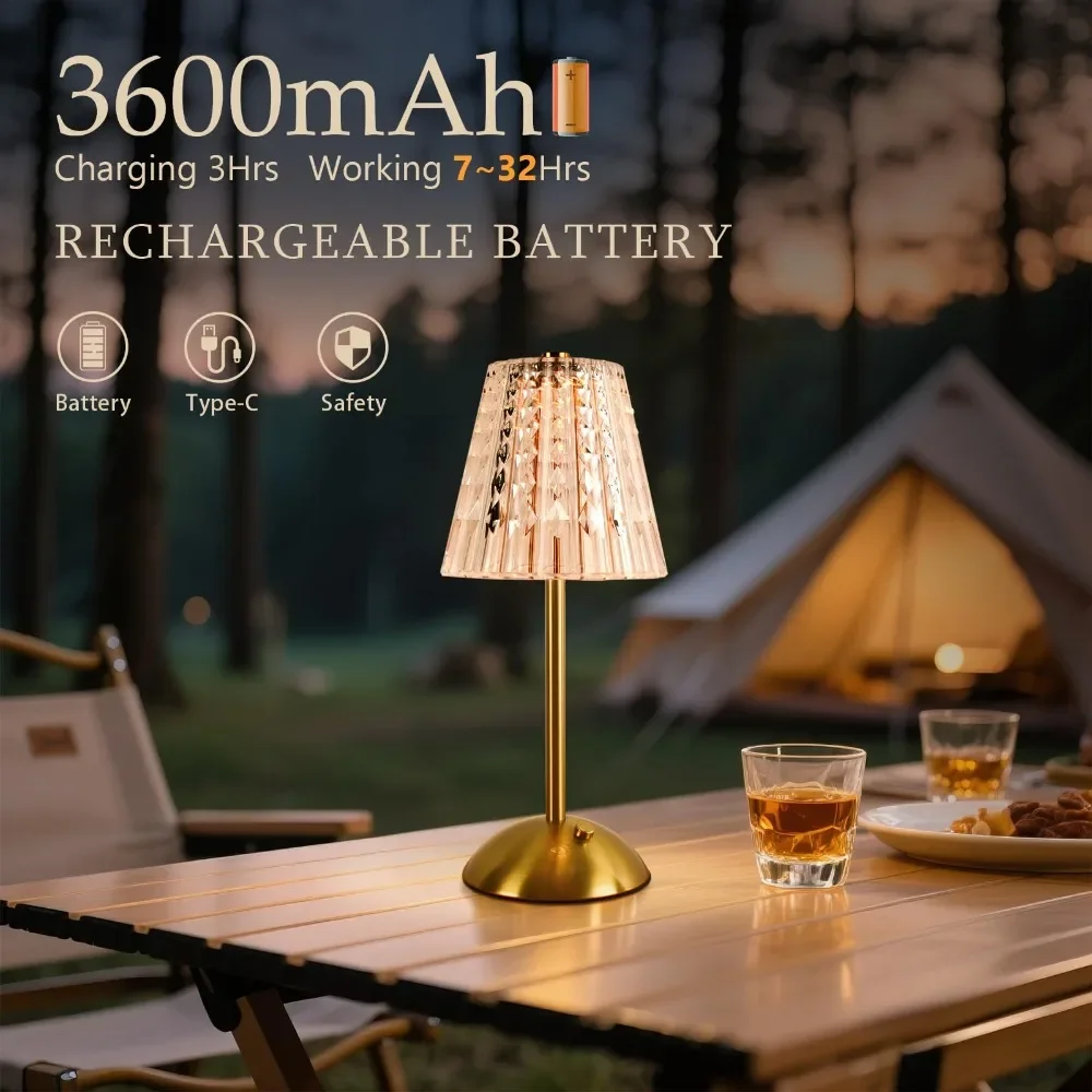 

Crystal Touch Table Lamp,3600mAh Rechargeable Cordless Light,3-Color Dimmable with Matte Aluminum Body-for Bedroom/Bar/Outdoor