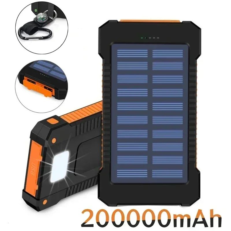 

New 200000mAh Large Capacity Solar Power Bank Portable With Lanyard Compass External Battery Outdoor Camping Charging Powerbank