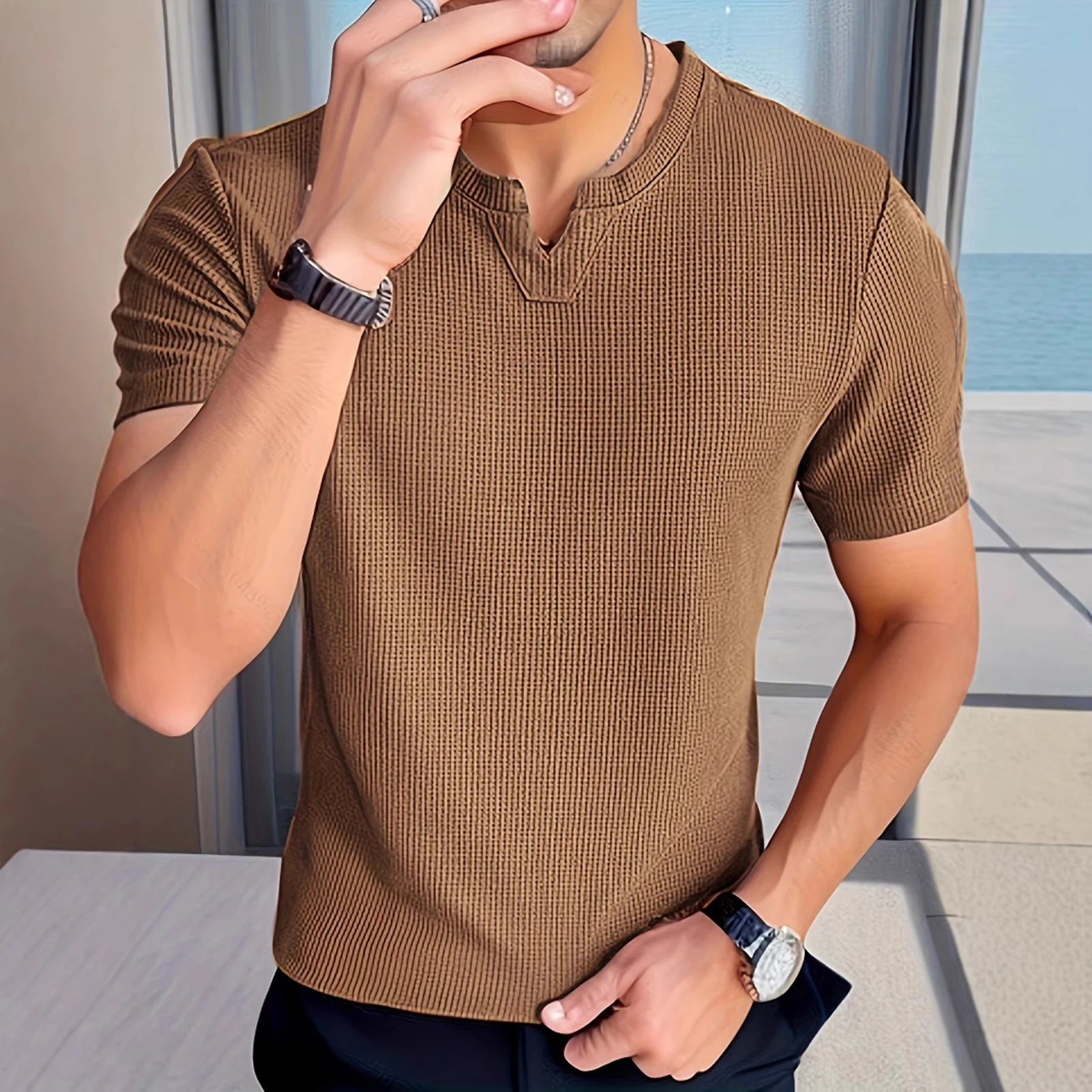 Men Fashion Tops Short Sleeve Knitted T-shirt European 2024 Summer Pullovers Mens Simple Tees Shirt Fitness Sports Exercise