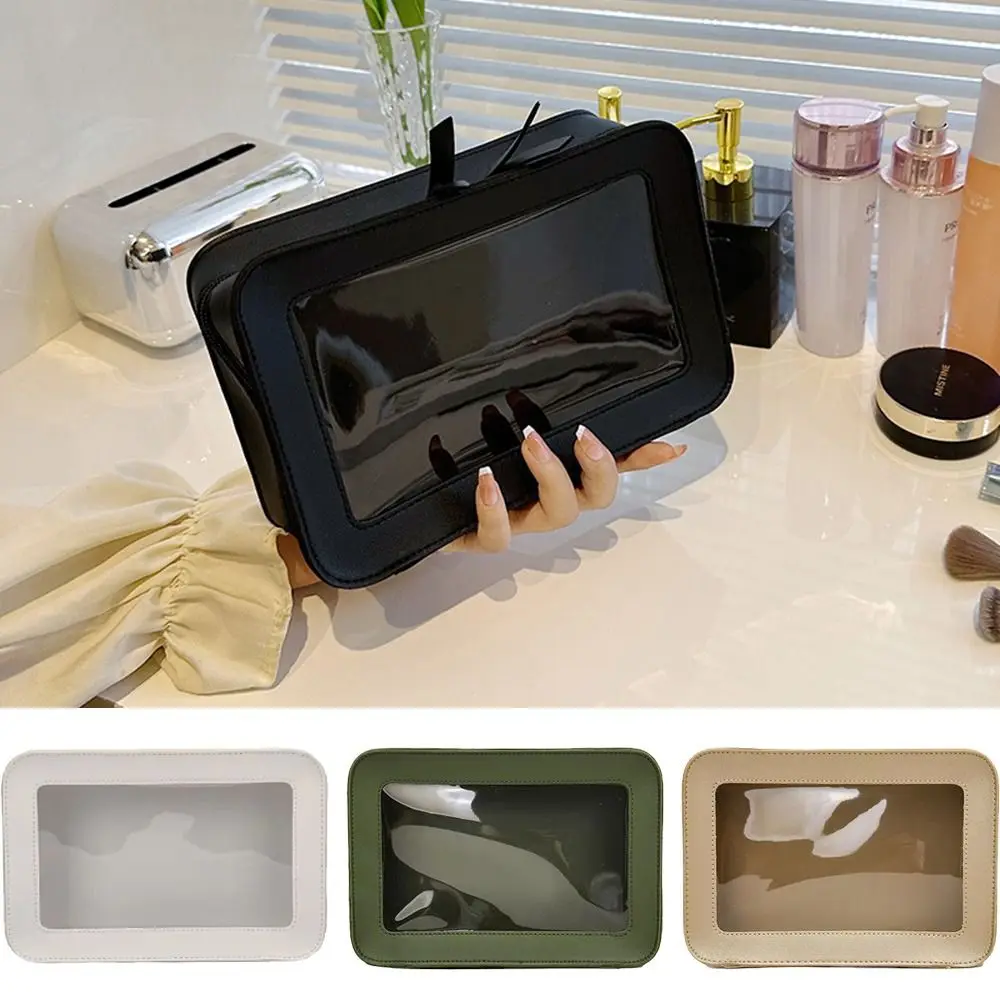 

Large Capacity Travel Cosmetic Bag Transparent Window Dual Zipper Closure Portable Makeup Pouch Easy Carry-On Square