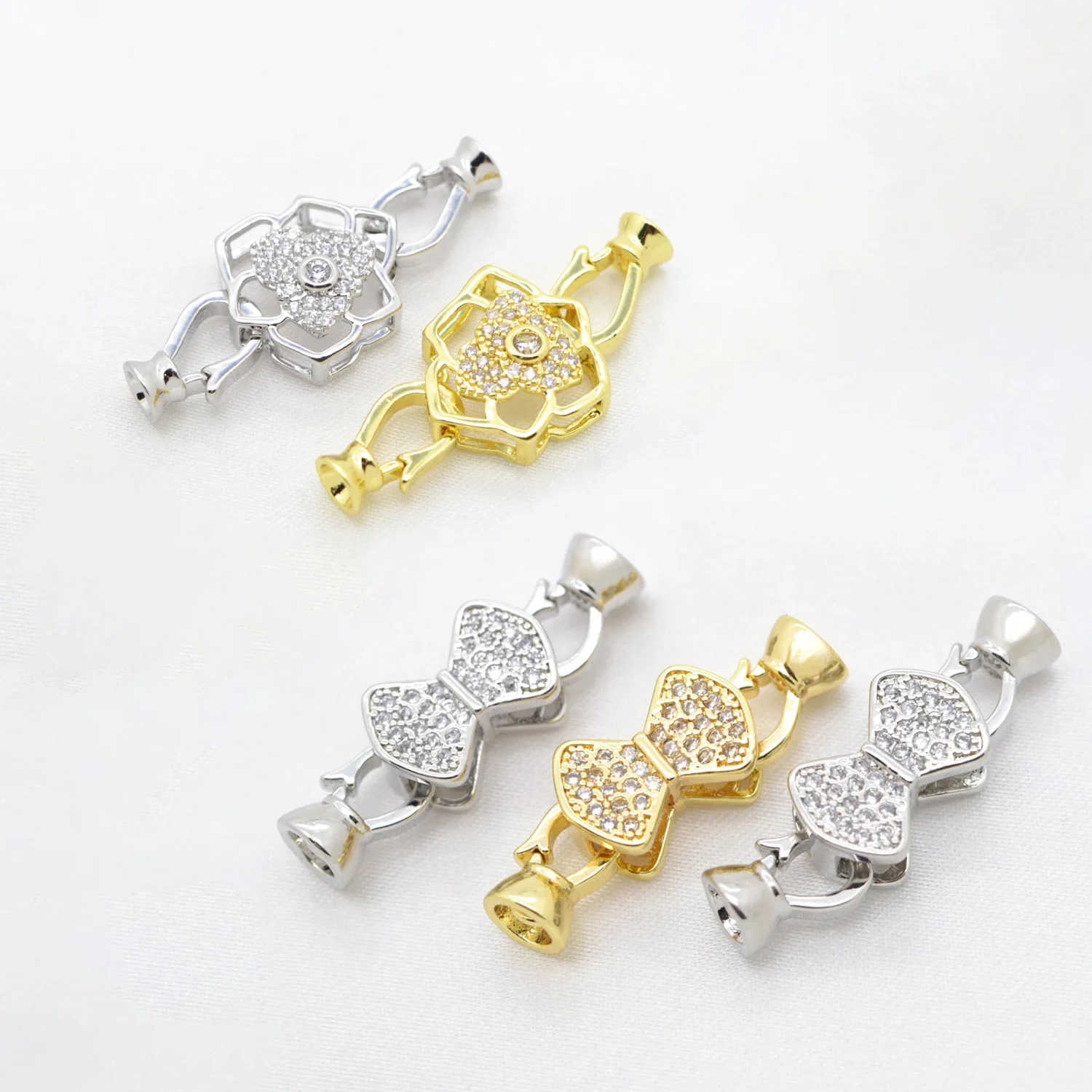 Flower Clasp Brass Zircon Multiple Styles Bracelet Connector High Quality DIY Gold Silver Color Jewelry Making Findings 3 Pcs