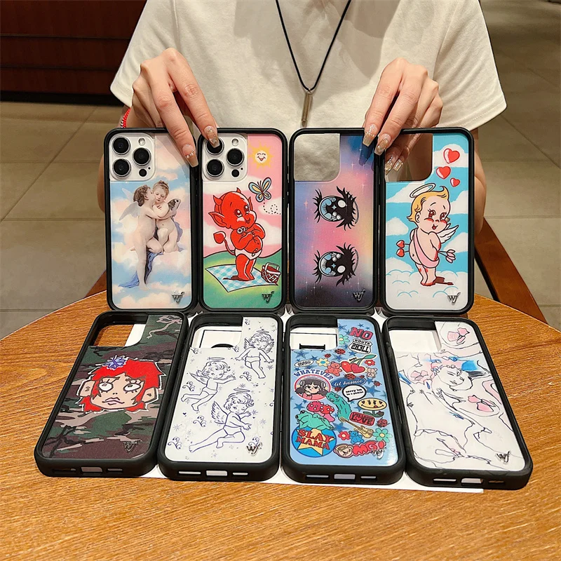 Funda de teléfono con diseño de flor silvestre, pequeño ángel, pequeño diablo, para iPhone 16, 15, 14, 13, 12, 17 Pro Max Plus, querubínes, ojos de arena, chica con carcasa bonita