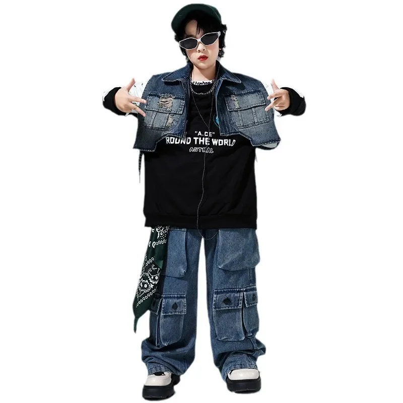 Enfant Hip Hop vêtements Denim bleu gilet veste longue sweat décontracté Multi poches jean pantalon pour fille garçon danse Costume vêtements