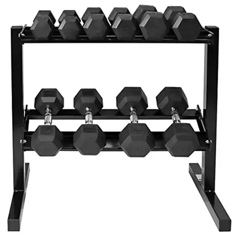 Home gym rubber coated hex dumbbell set in black with two-tier premium storage rack ideal for strength building and weight loss