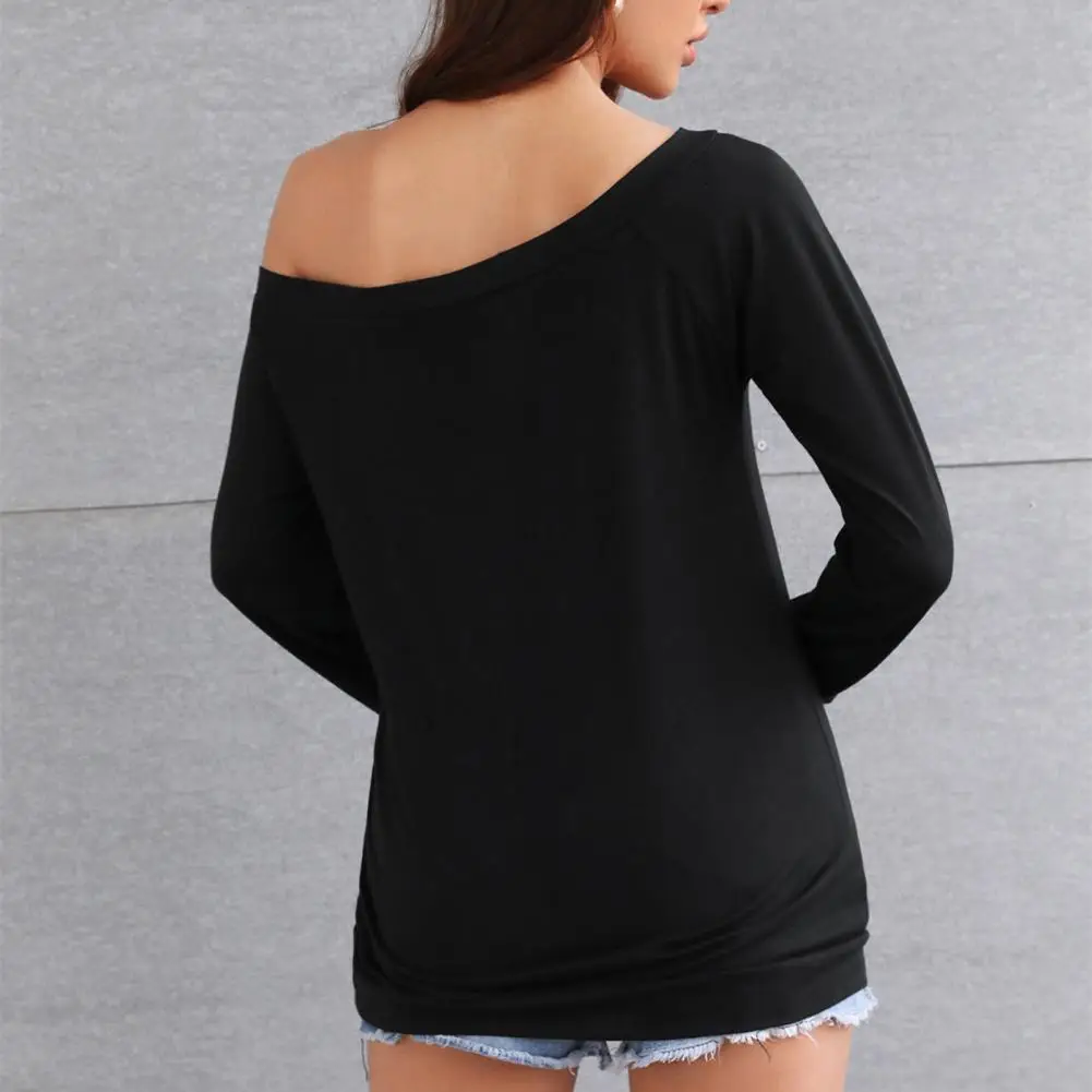 One Shoulder Strapless Women T-shirt Solid Color Slash Neck Off Shoulder Long Sleeve T-shirt Loose Autumn Lady Blouse Loose Top