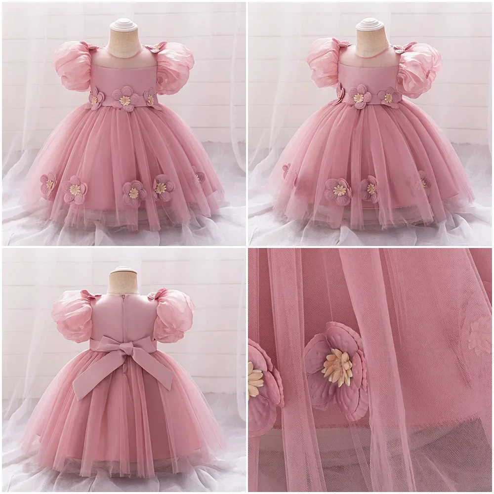 Toddler Girls Party Dress Puff Sleeve Flower Girl Princess Bridesmaid Dresses Tulle Infant Baby 1st Birthday Wedding Gown 0-3Y