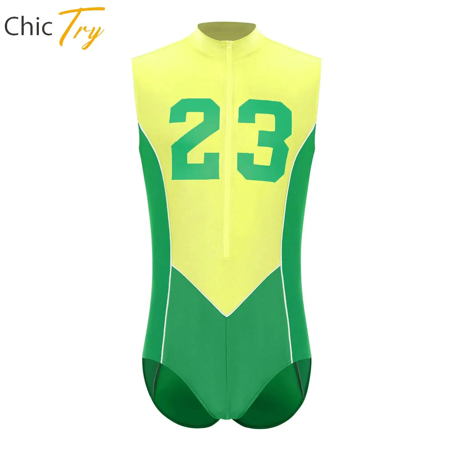 

Summer Sports Men Leotard Swimwear Sleeveless Number Printed Color Block Leotard for Cycling Swimming Running Workout Exercise