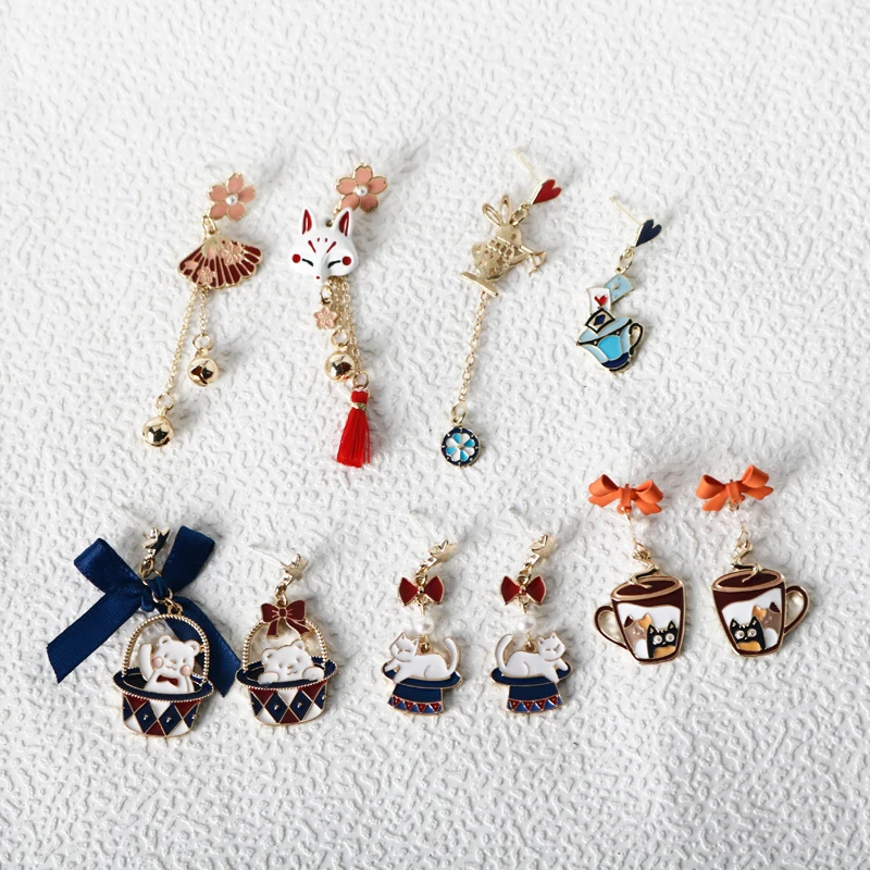

Милые кофейные чашки, кошки и искусство, модные эмалированные подвески в виде животных, лиса, кролик, Асимметричные Длинные серьги-подвески, подарок для женщин и девушек