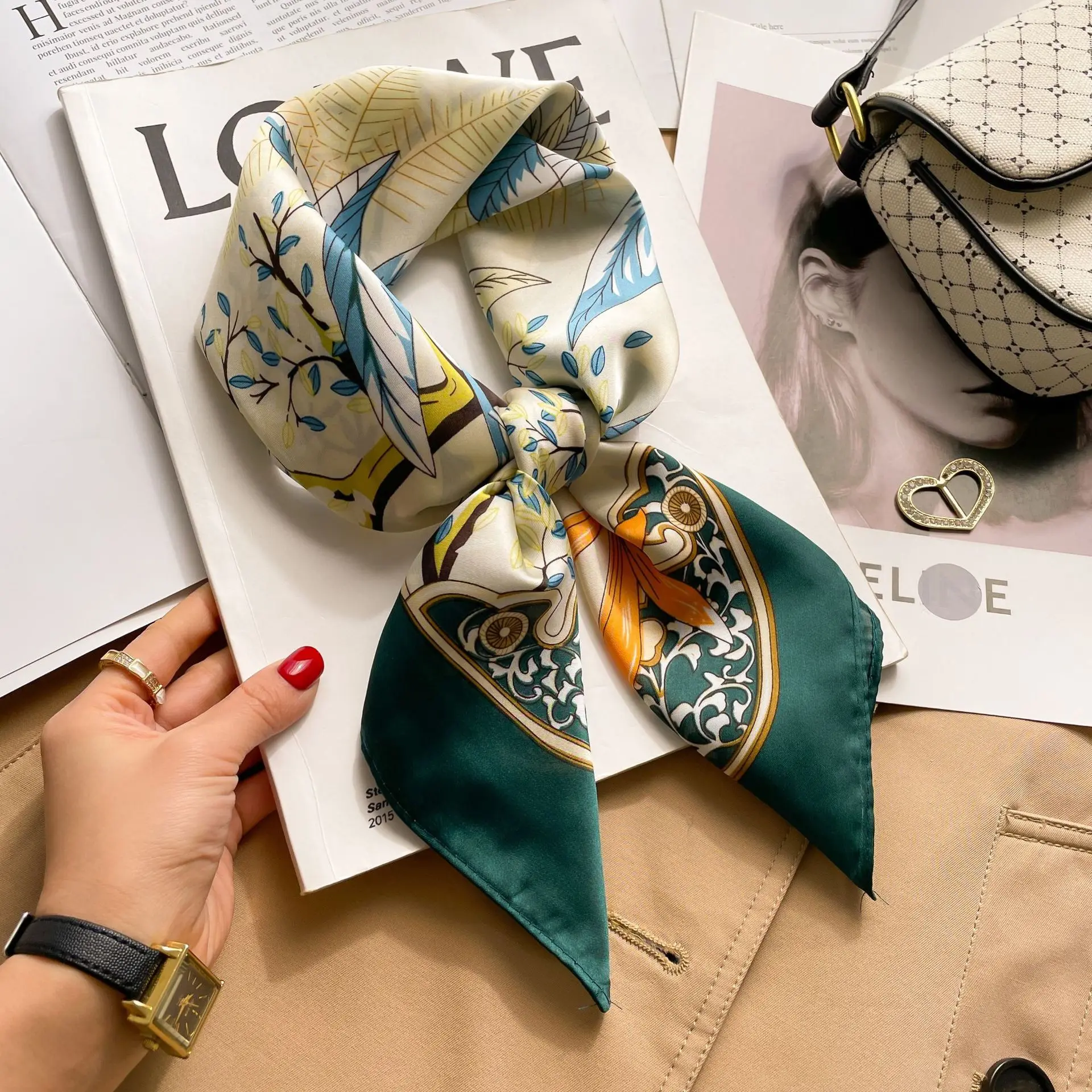 Paisley Houndstooth Printed Square Scarf Coffee Color Thin Smooth Neck Scarf Vintage Style Sunscreen Headscarf For Women 70cm image 5