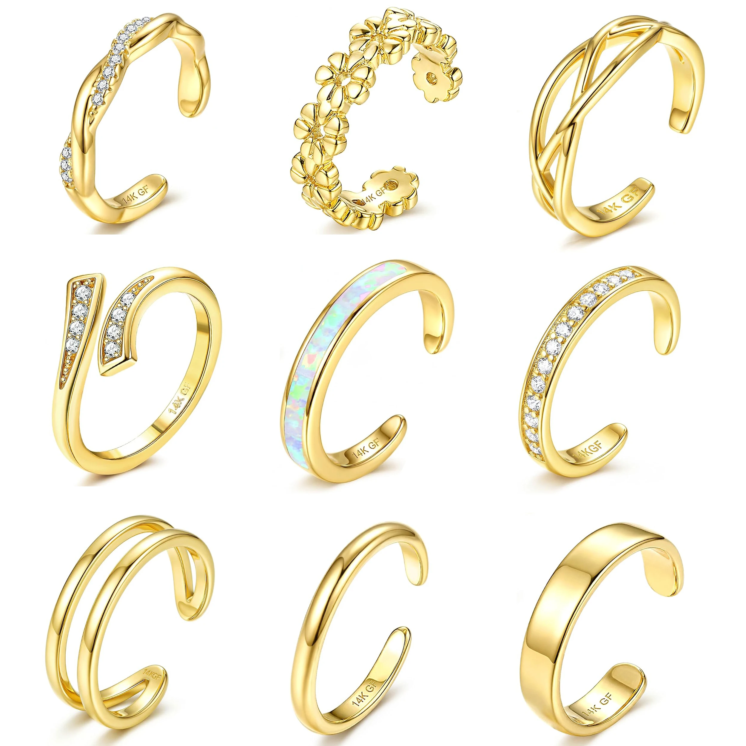Drperfect 1/3 Stück 14K Vergoldete Zehenringe für Frauen Anlaufbeständiger Zehenring Verstellbarer CZ Zierlicher Zehenring Sommer Strand Fußschmuck