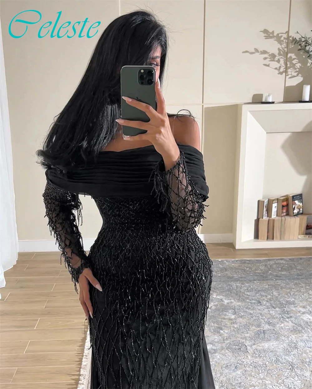 Personalizado em linha reta barco pescoço boné manga mangas compridas elegante vestido de noite delicado sob medida ocasião vestidos moda vestido de festa