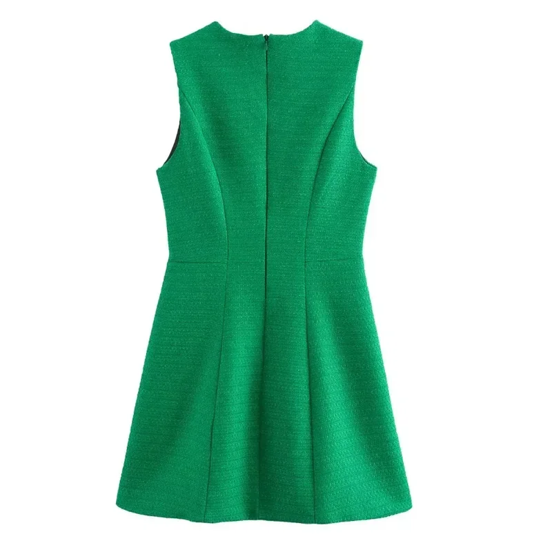 TRAF Green Texture Dress Women's Dresses Mini Tweed Sleeveless Short Dresses For Women Autumn Vest Elegant Party Dresses Woman