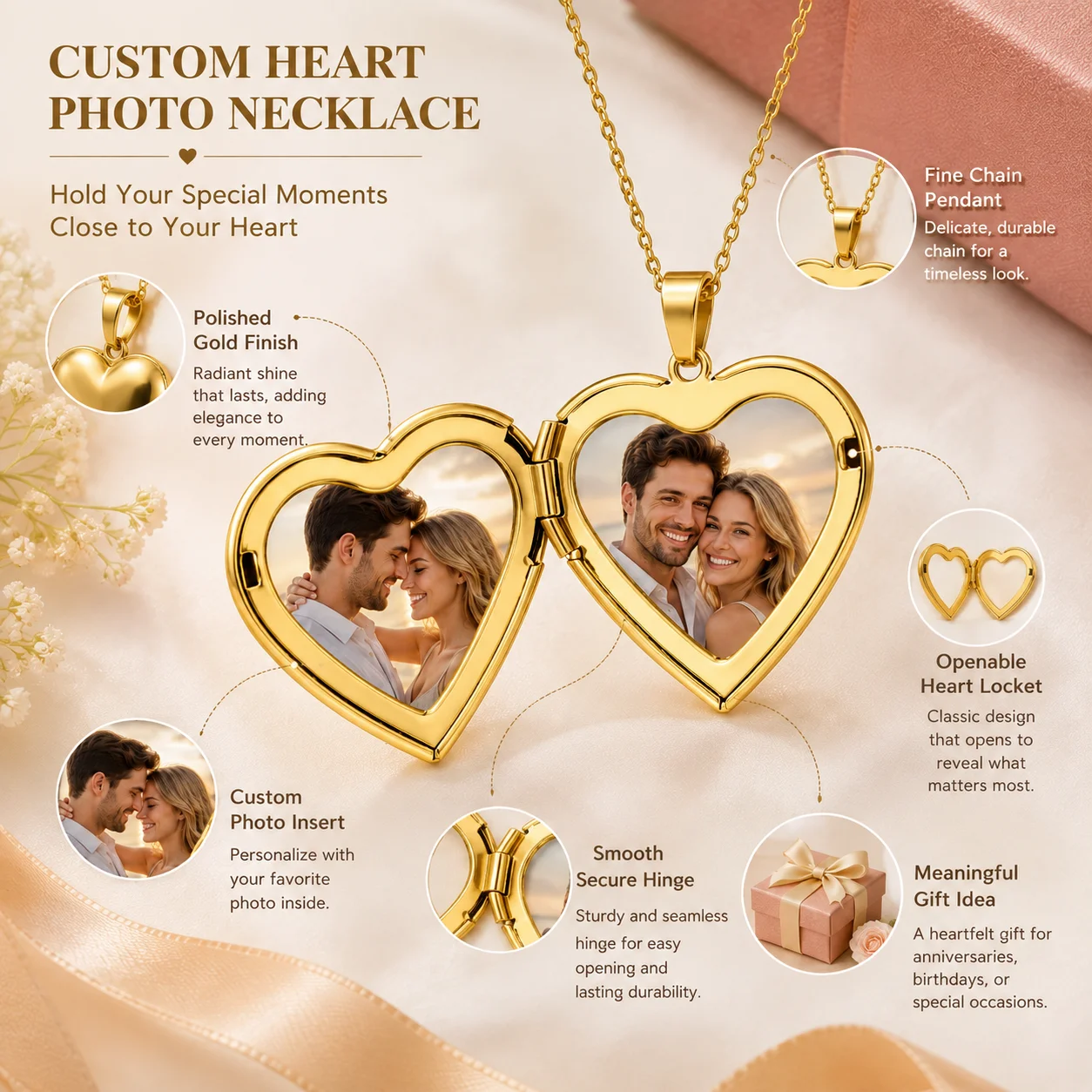 Custom Heart Photo Necklace Personalized Picture Pendant Romantic Couple Jewelry for Wedding Anniversary Birthday Valentine Gift image 6
