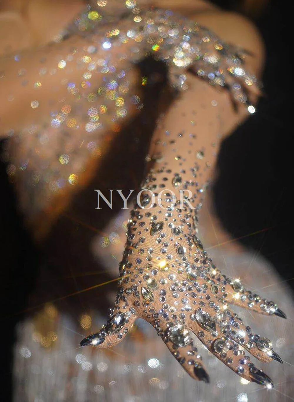 Luxurious Stretch Rhinestones Gloves Women Sparkly Crystal Mesh Long Gloves Dancer Singer Nightclub Dance Stage Show wear