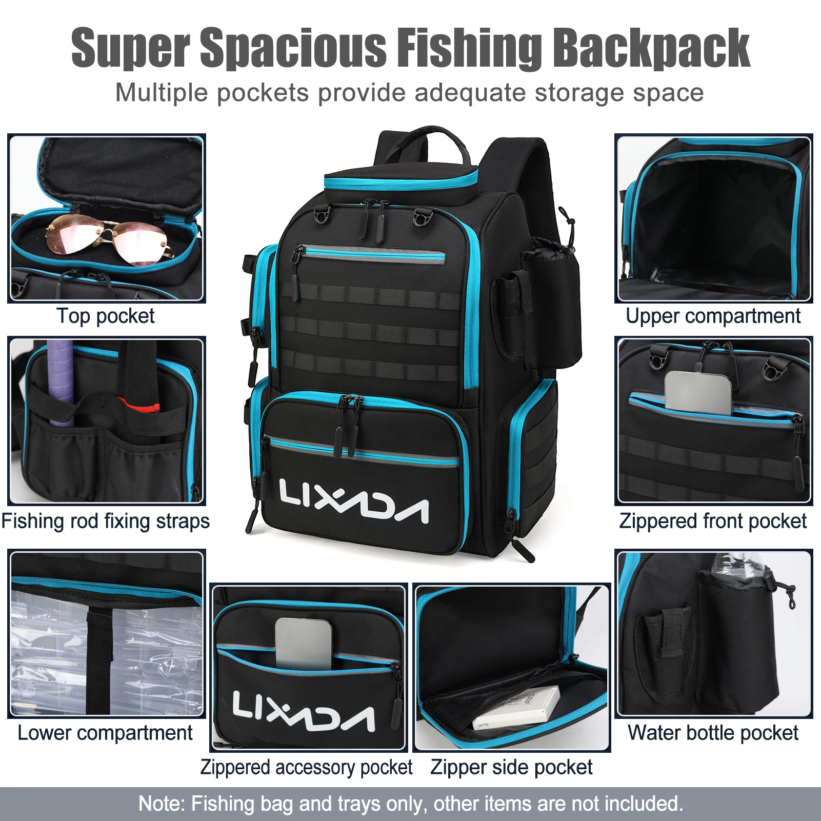 Lixada Fishing Backpack Waterproof Fishing Tackle Storage Bag with 4 Trays and Rain Cover